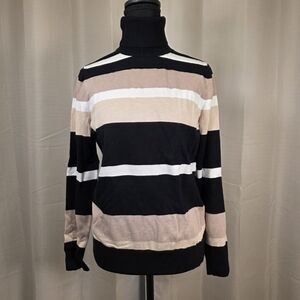 Joseph A Striped Turtleneck Sweater Neutral Black Beige White Size M